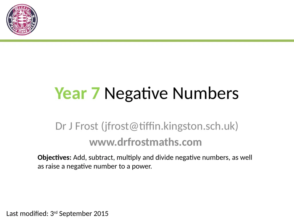 Year 7 Negative Numbers Dr J Frost