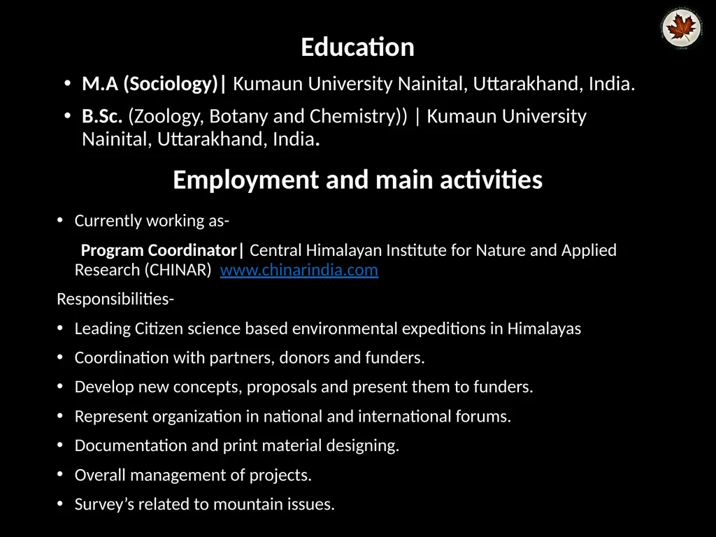 Name: Ghanshyam Pande Affiliation: Central - slide 2 of 7