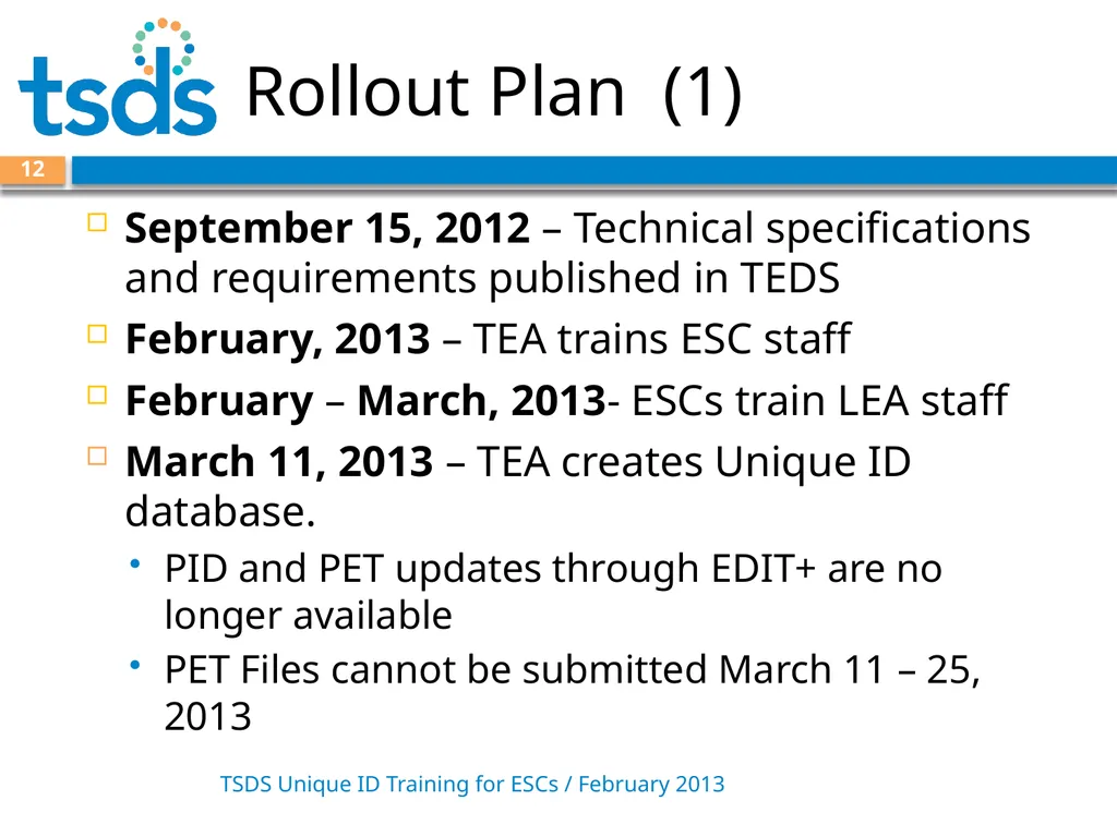 TSDS Unique ID System Training David Butler – - slide 12 of 59