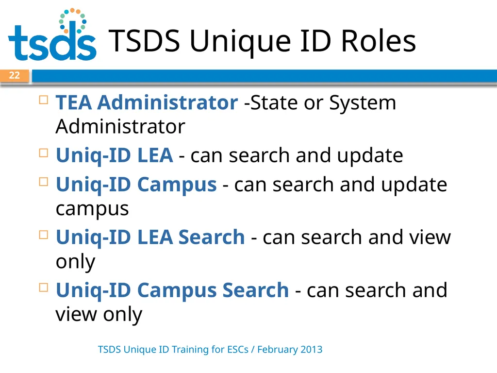 TSDS Unique ID System Training David Butler – - slide 22 of 59