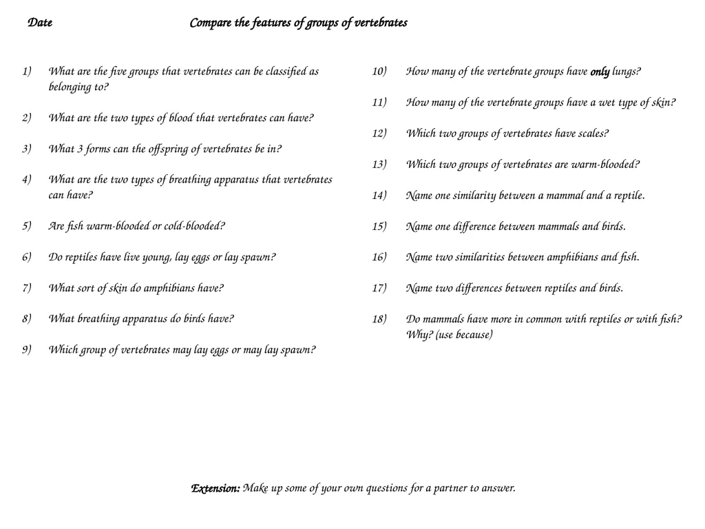 Comparing Groups of Vertebrates Warm Warm Cold - slide 2 of 4