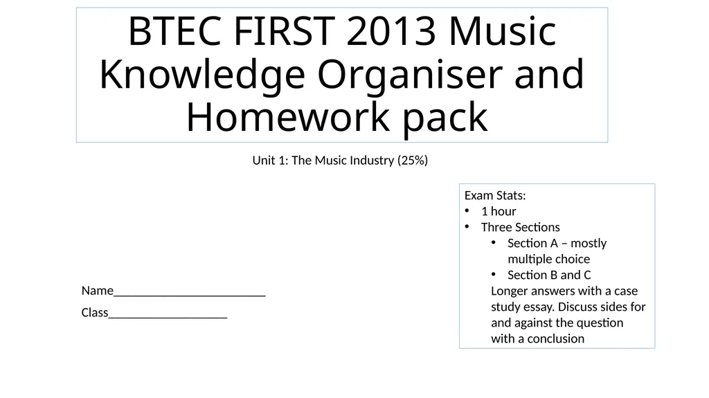 BTEC FIRST 2013 Music Knowledge Organiser and