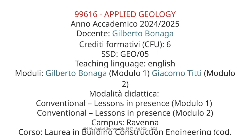 Course presentation 99616 - Applied Geology Cds. - slide 2 of 9