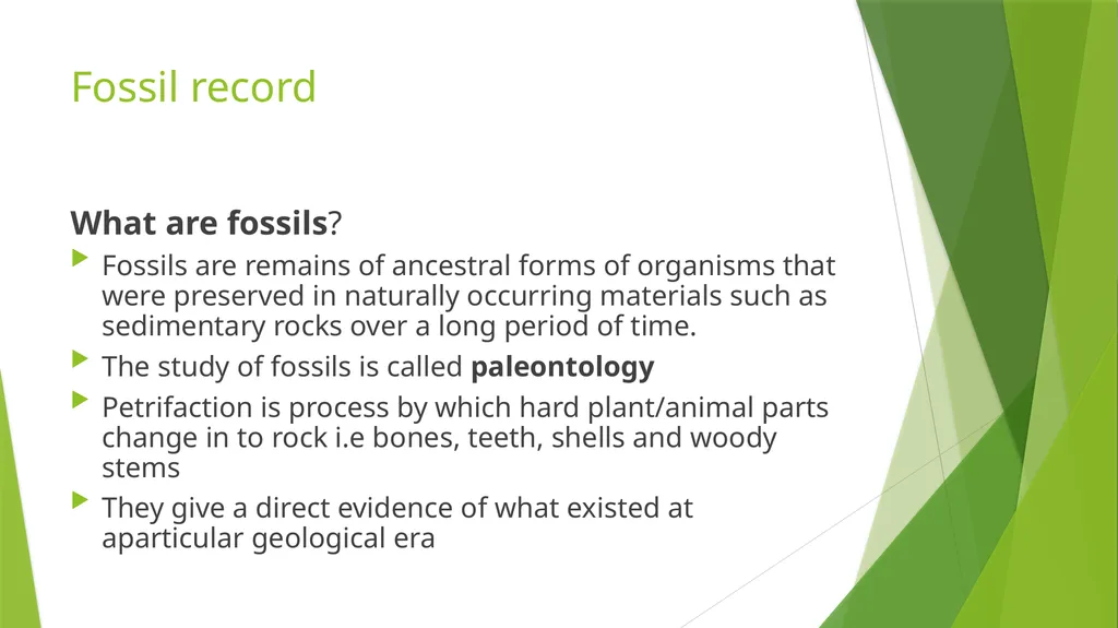 Fossil record What are fossils? Fossils are - slide 1 of 7