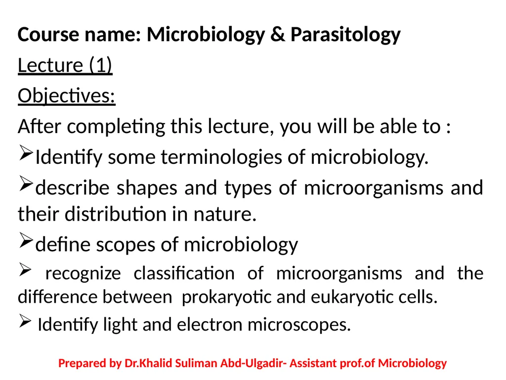 Course name: Microbiology & Parasitology Lecture