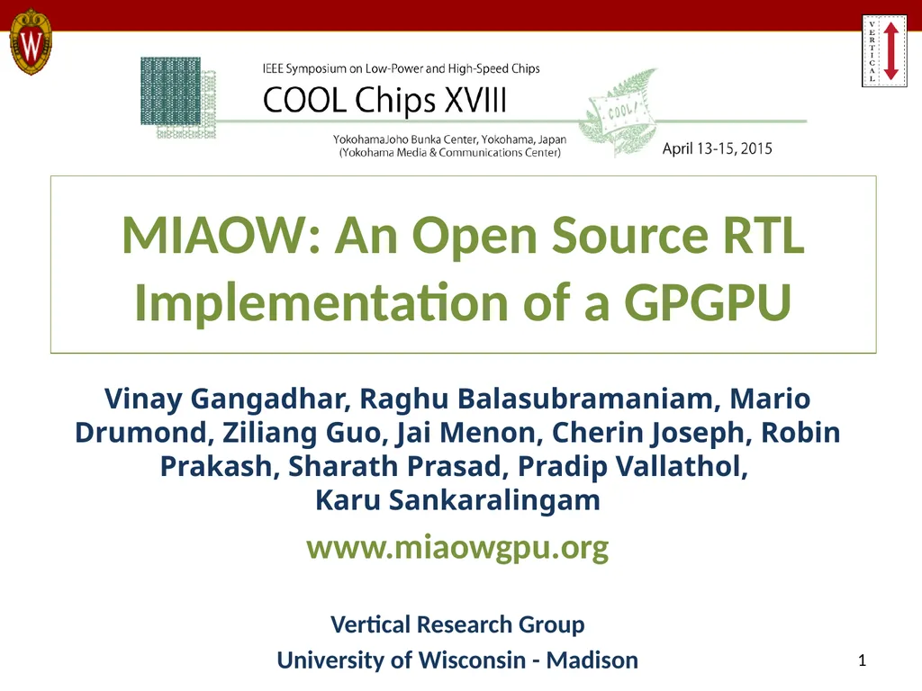 MIAOW: An Open Source RTL Implementation of a - slide 1 of 20