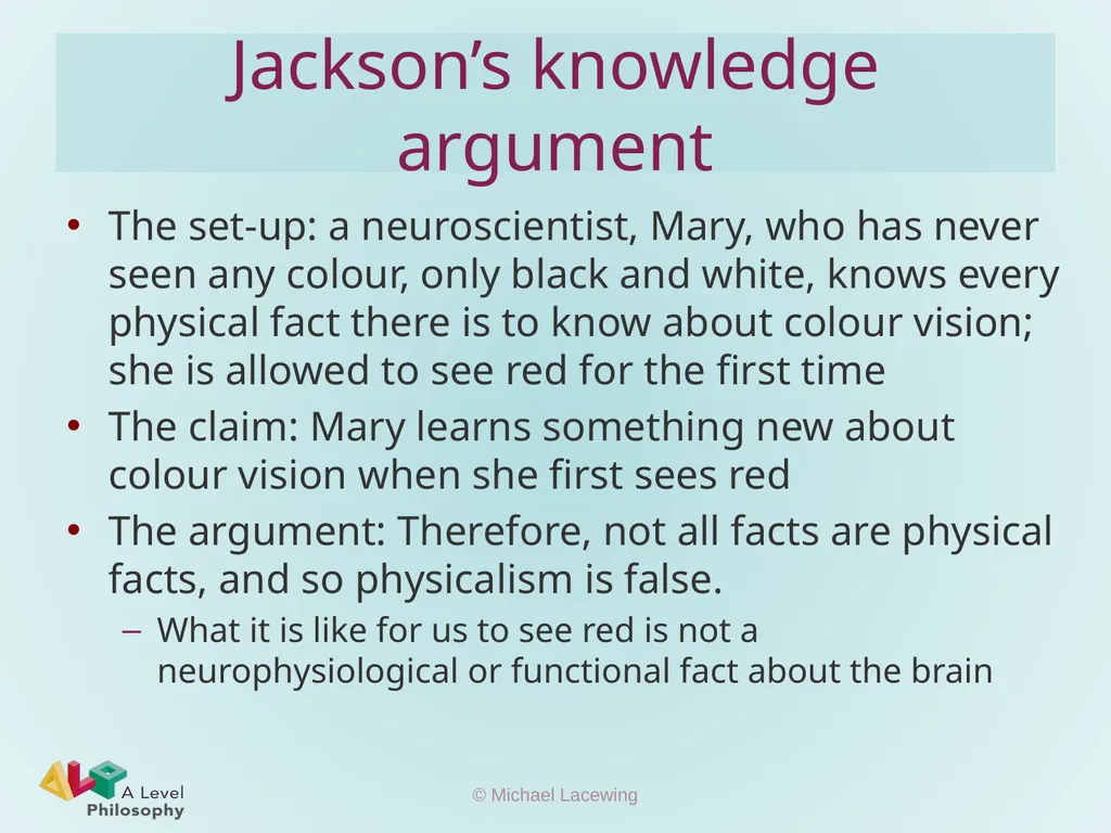 The knowledge argument Michael Lacewing - slide 5 of 12