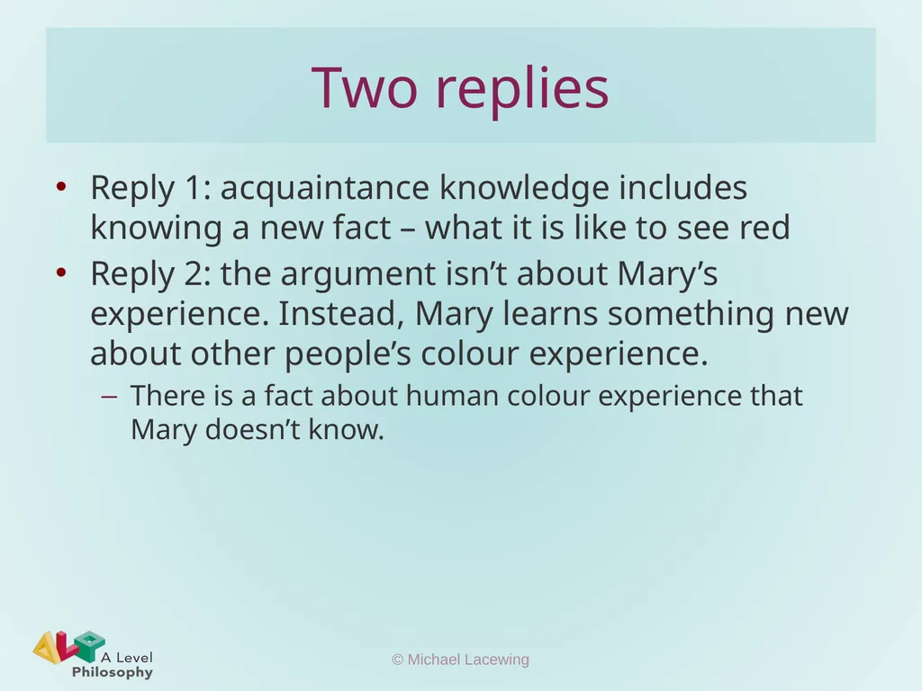 The knowledge argument Michael Lacewing - slide 9 of 12