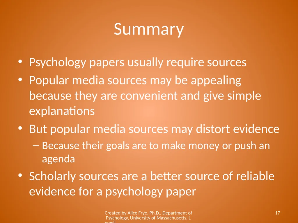 Know Your Sources Popular and Scholarly Sources - slide 17 of 18