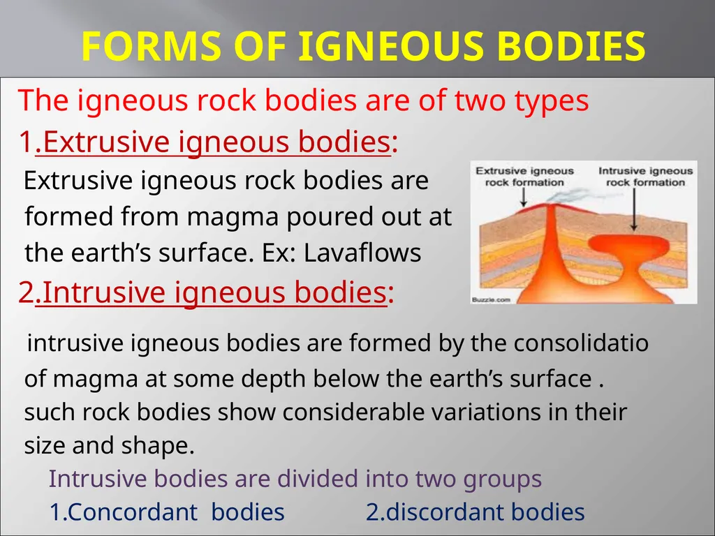 FORMS OF IGNEOUS BODIES The igneous rock bodies - slide 1 of 8