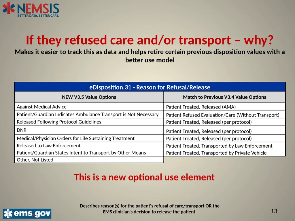 NEMSIS V3.5 The Important Changes: Describing the - slide 13 of 24