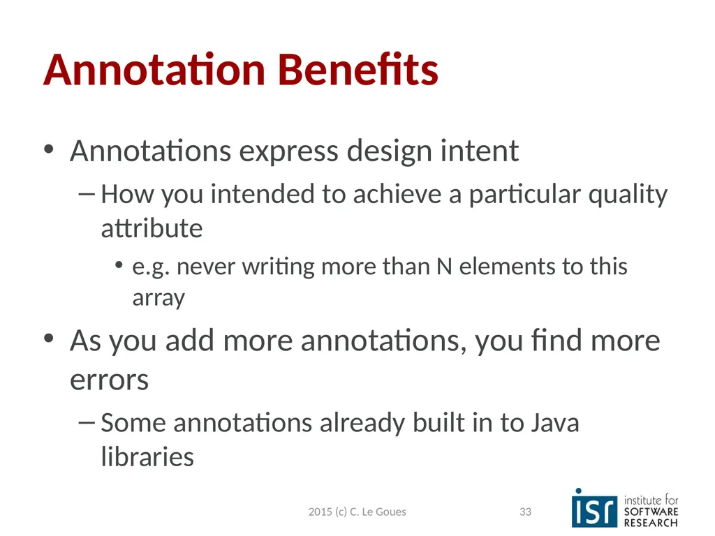 Static Analysis, part 2 Claire Le Goues 2015 (c) - slide 33 of 63
