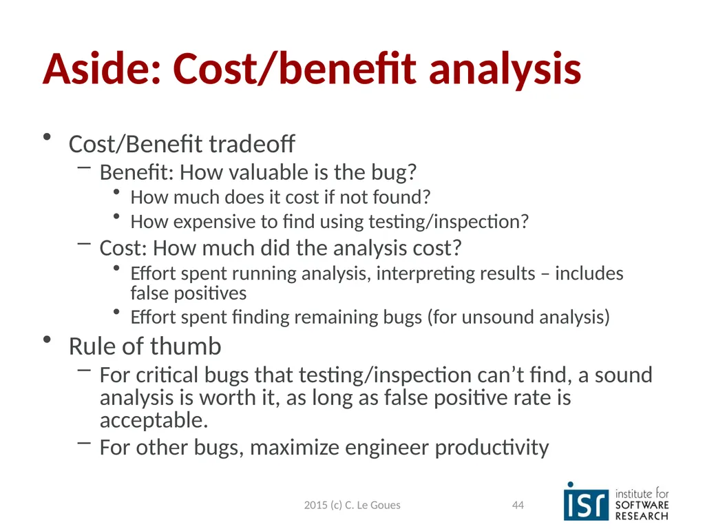 Static Analysis, part 2 Claire Le Goues 2015 (c) - slide 44 of 63