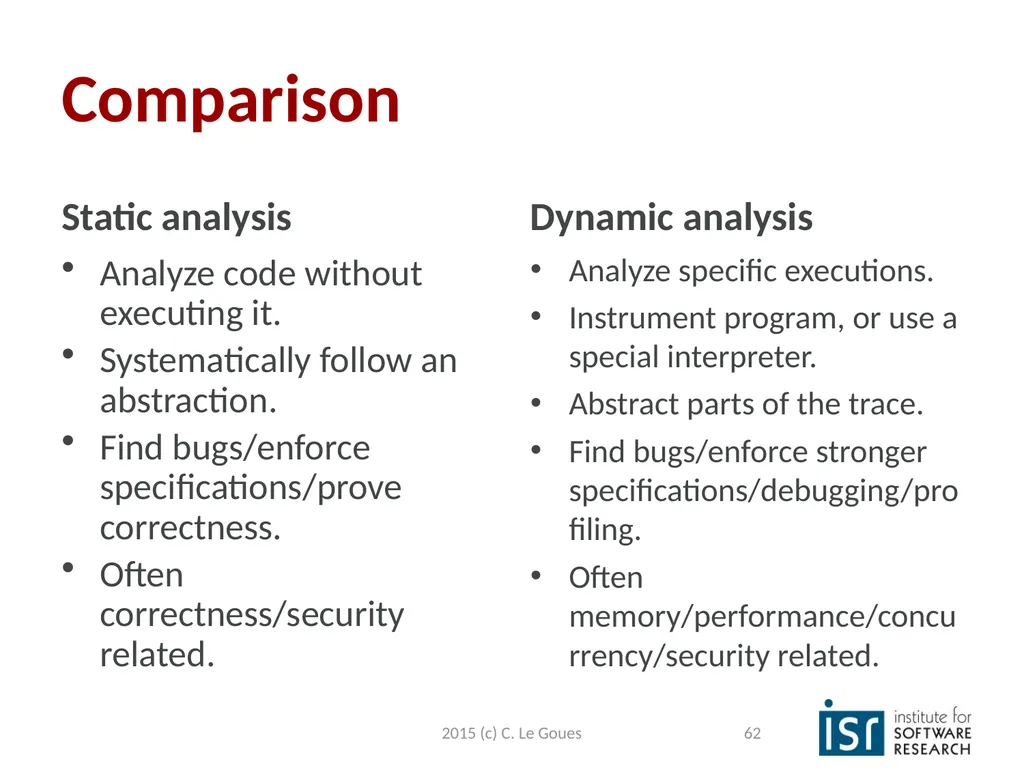 Static Analysis, part 2 Claire Le Goues 2015 (c) - slide 62 of 63
