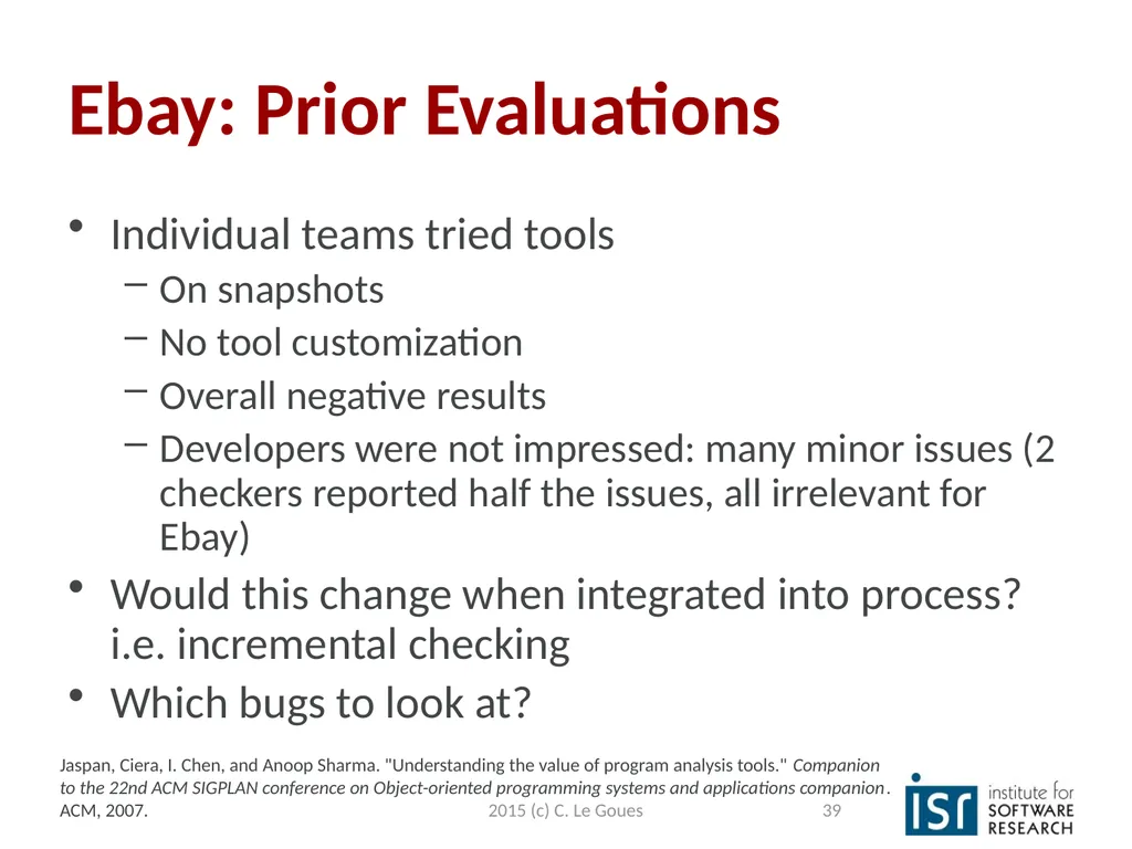 Static Analysis, part 2 Claire Le Goues 2015 (c) - slide 39 of 63