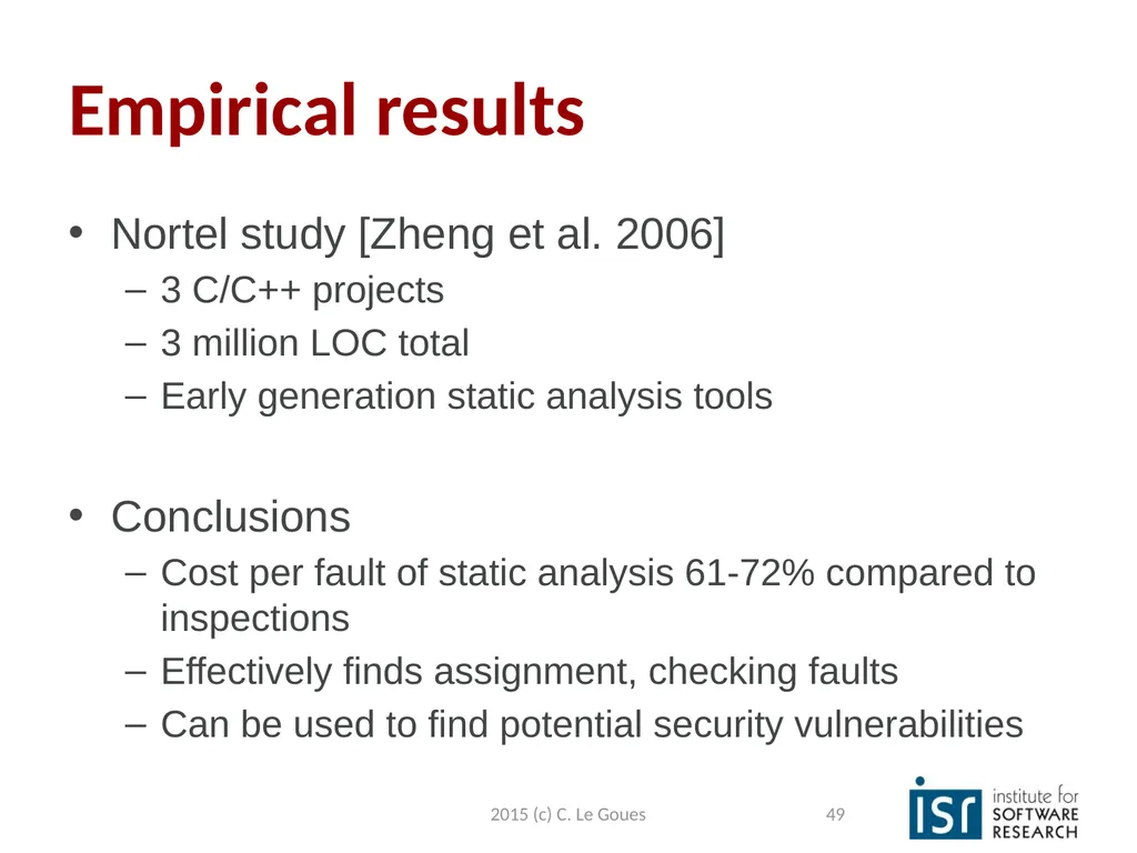 Static Analysis, part 2 Claire Le Goues 2015 (c) - slide 49 of 63