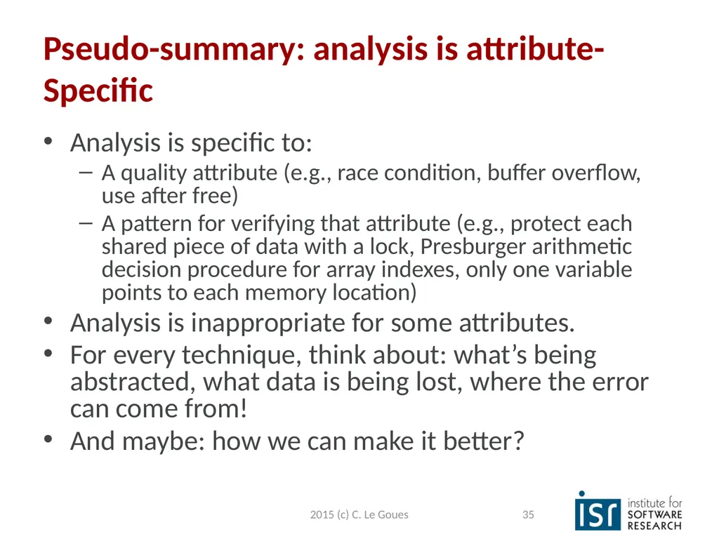 Static Analysis, part 2 Claire Le Goues 2015 (c) - slide 35 of 63