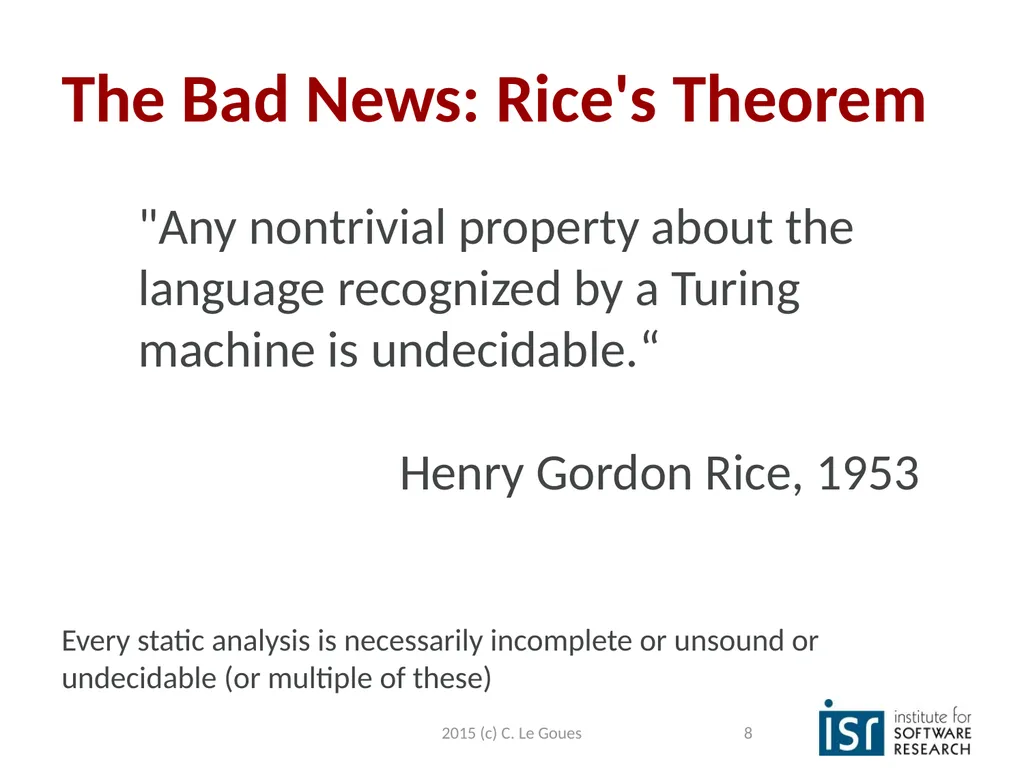 Static Analysis, part 2 Claire Le Goues 2015 (c) - slide 8 of 63