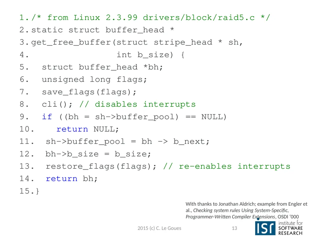 Static Analysis, part 2 Claire Le Goues 2015 (c) - slide 13 of 63