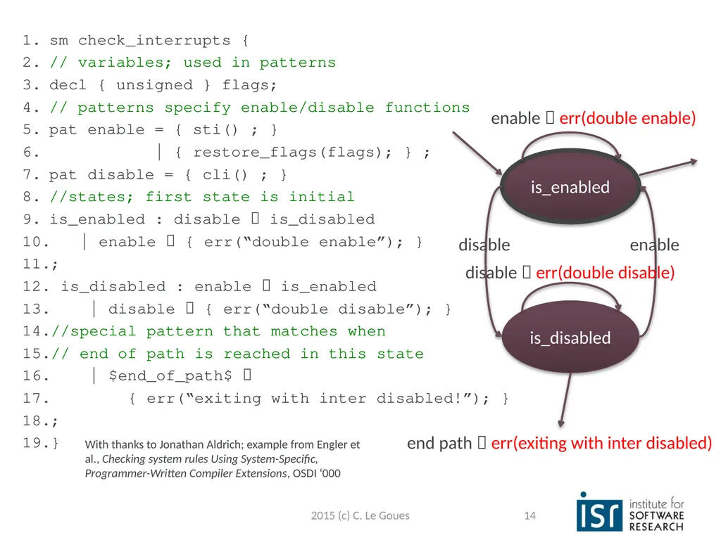 Static Analysis, part 2 Claire Le Goues 2015 (c) - slide 14 of 63