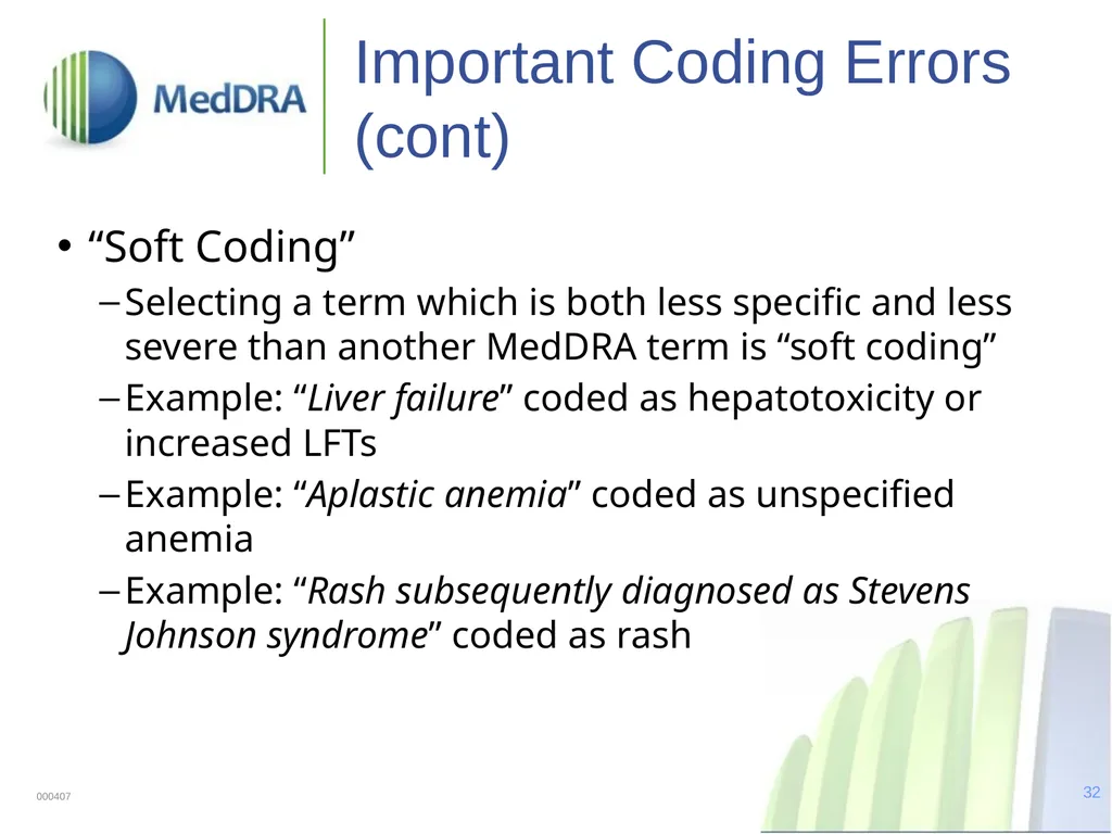 Data Quality, Coding, and MedDRA MedDRA was - slide 32 of 39