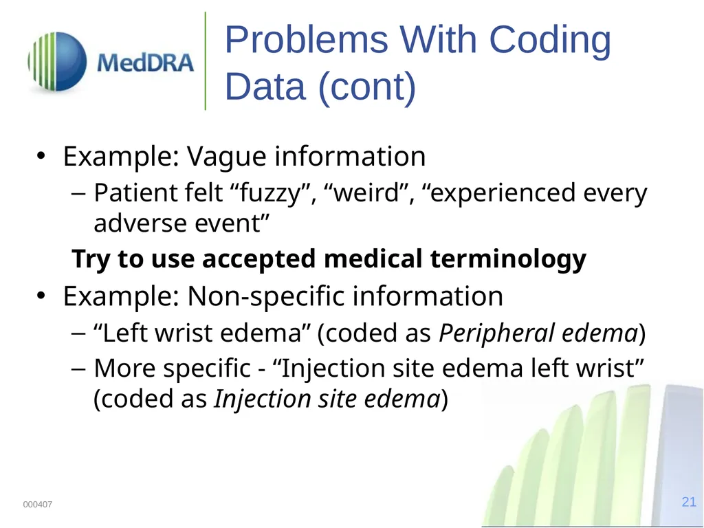 Data Quality, Coding, and MedDRA MedDRA was - slide 21 of 39