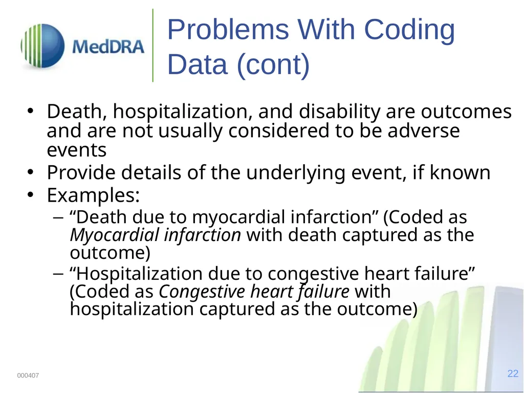 Data Quality, Coding, and MedDRA MedDRA was - slide 22 of 39