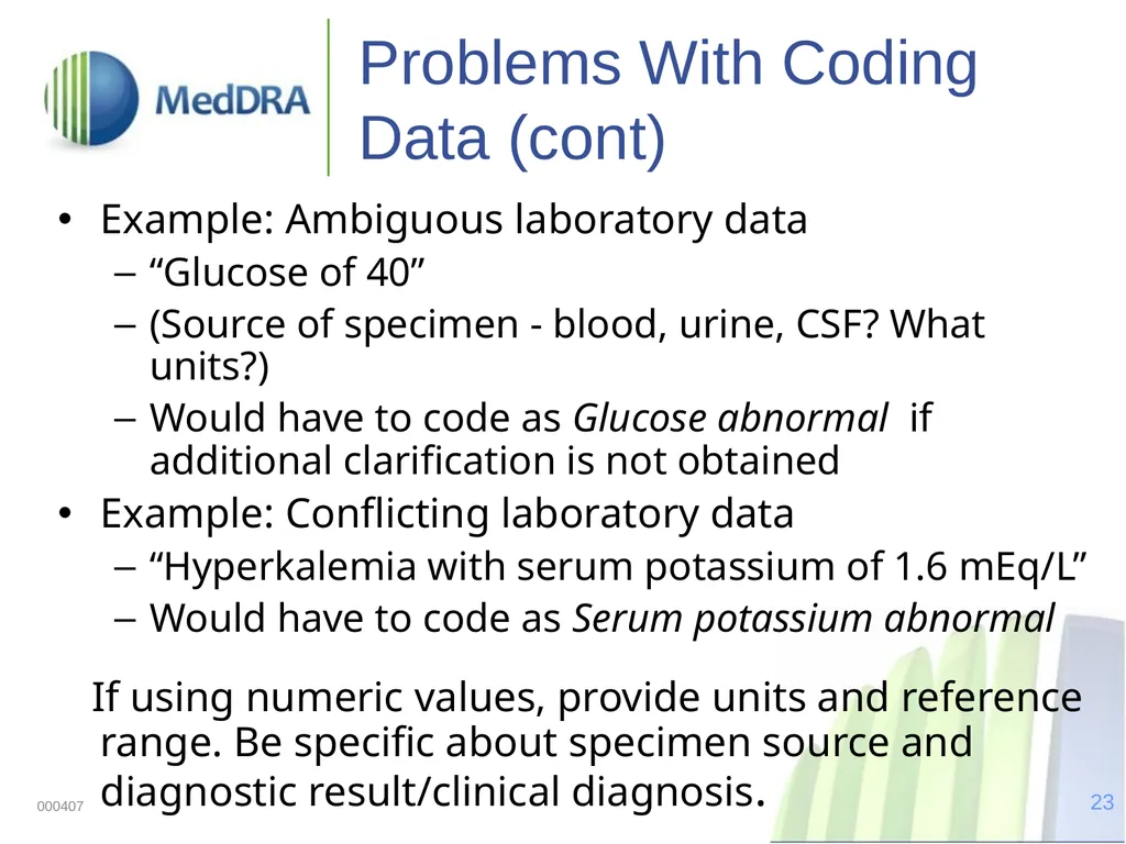Data Quality, Coding, and MedDRA MedDRA was - slide 23 of 39