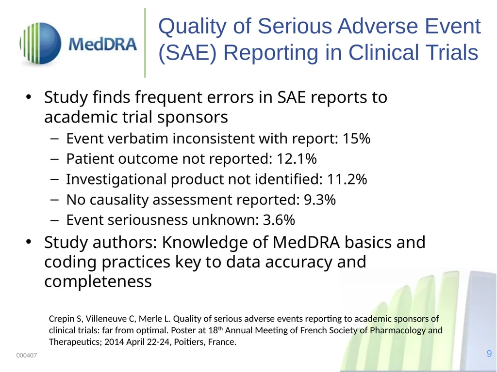 Data Quality, Coding, and MedDRA MedDRA was - slide 9 of 39