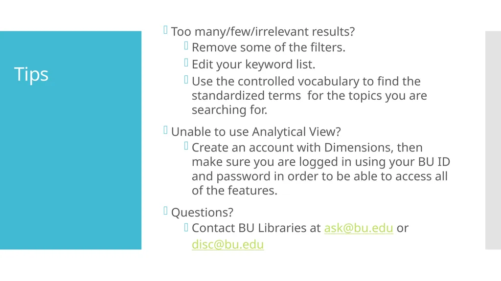 Dimensions Boston University Libraries, Fall 2019 - slide 6 of 7