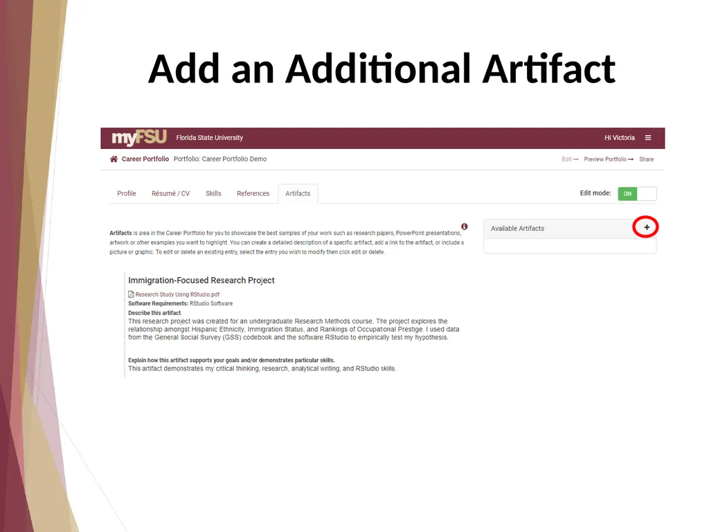 Add Artifacts Showcase samples of your work to - slide 6 of 10