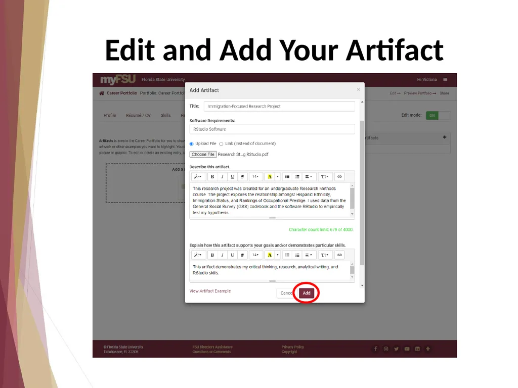 Add Artifacts Showcase samples of your work to - slide 5 of 10