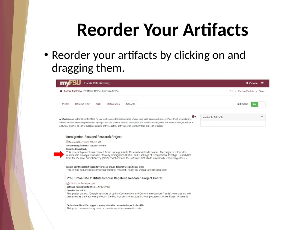 Add Artifacts Showcase samples of your work to - slide 7 of 10