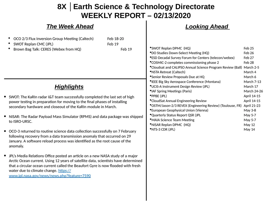 8X │Earth Science & Technology Directorate WEEKLY