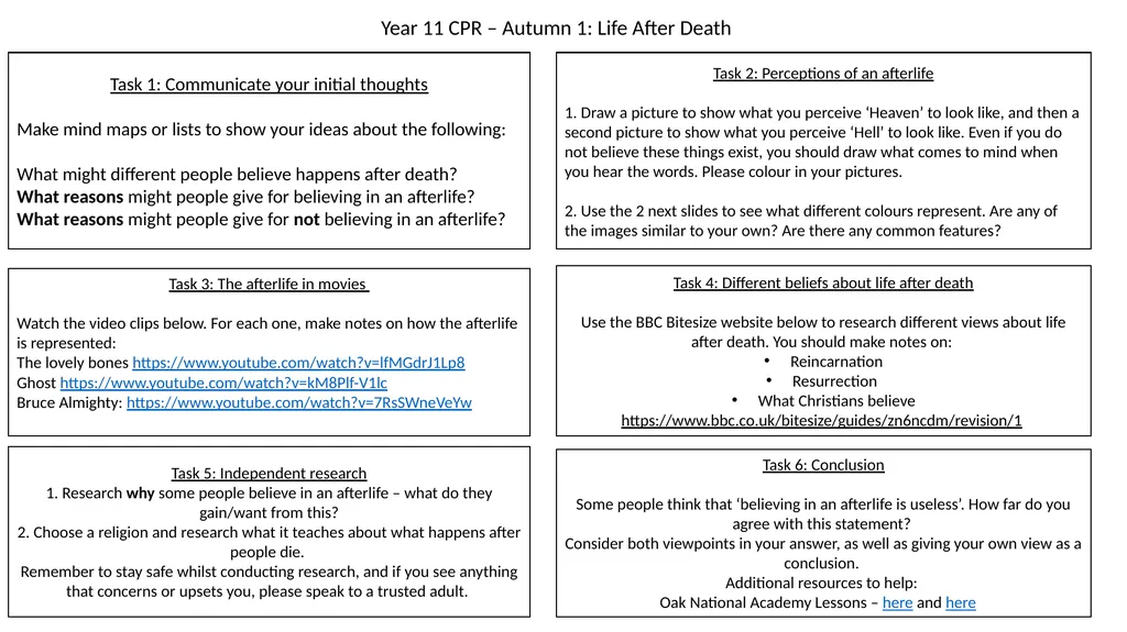 Year 11 CPR – Autumn 1: Life After Death Task - slide 1 of 3