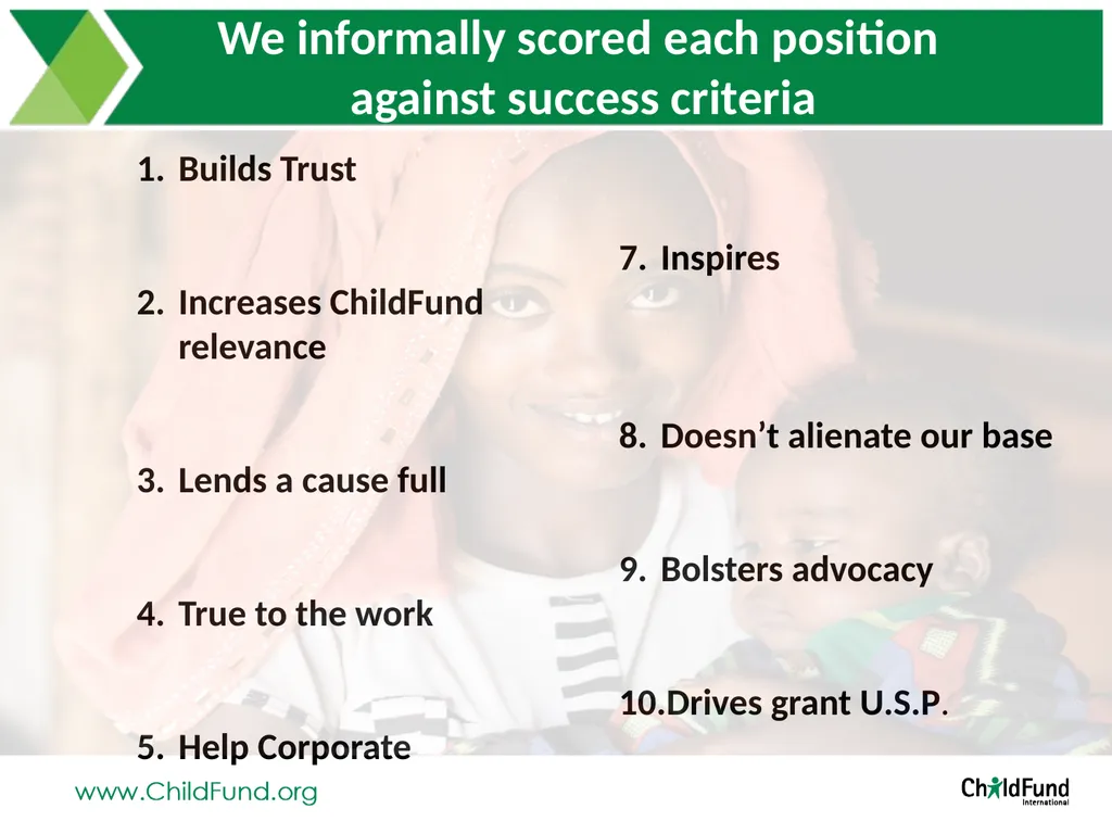 Brand Positioning Exploration At ChildFund - slide 9 of 26
