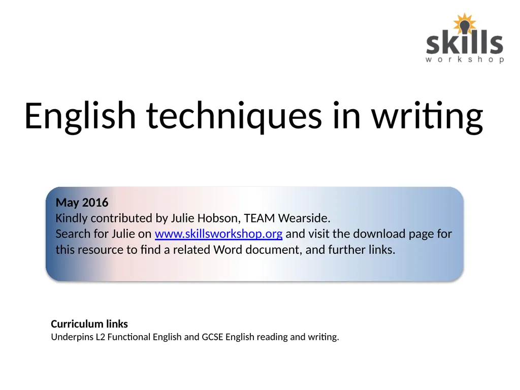 English techniques in writing Curriculum links - slide 1 of 16