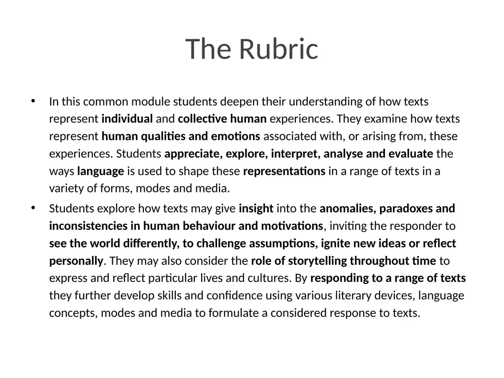 Texts and Human Experiences The Rubric In this - slide 2 of 12