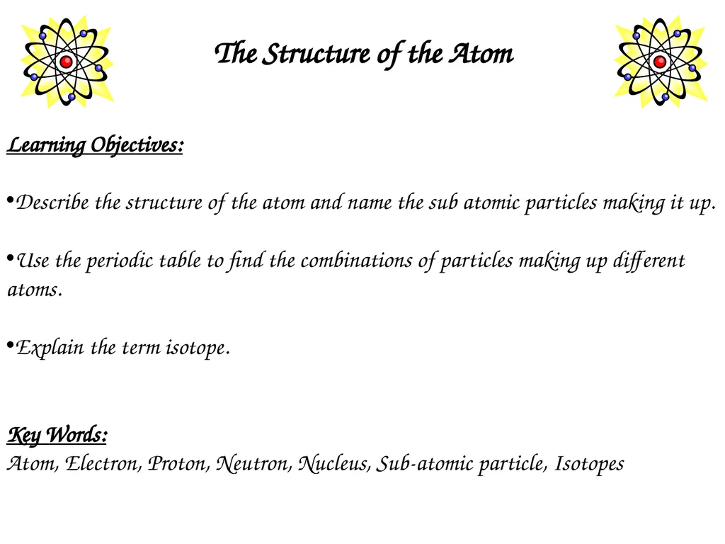 The Structure of the Atom Learning Objectives: - slide 1 of 10
