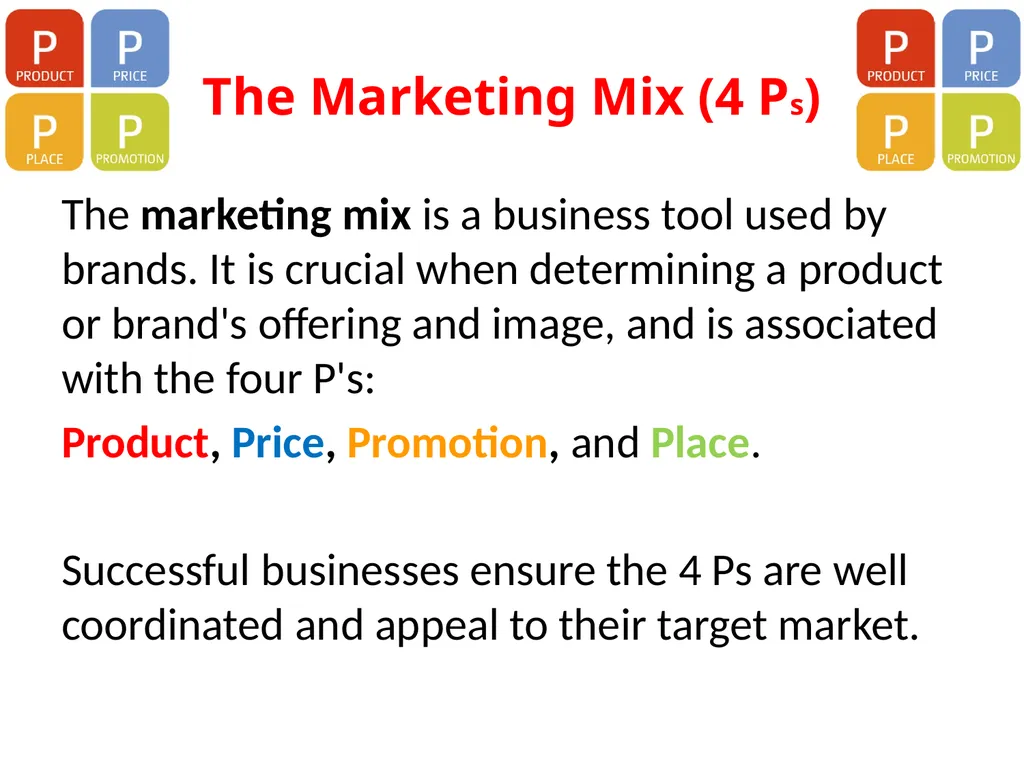 The Marketing Mix (4 Ps) The marketing mix is a - slide 2 of 13