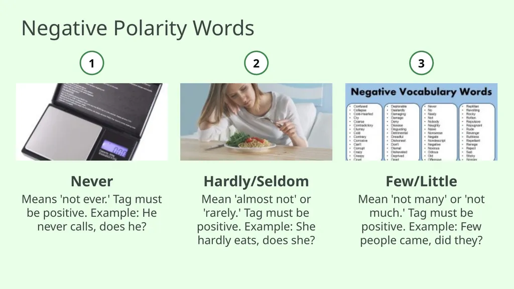 Question Tags 5: Negative Words and Meanings - slide 5 of 13