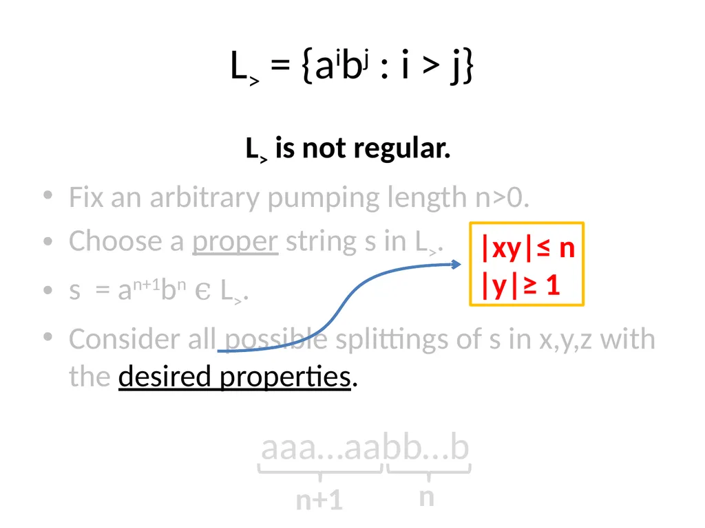 Pumping Lemma Examples L> = {aibj : i > j} - slide 8 of 67