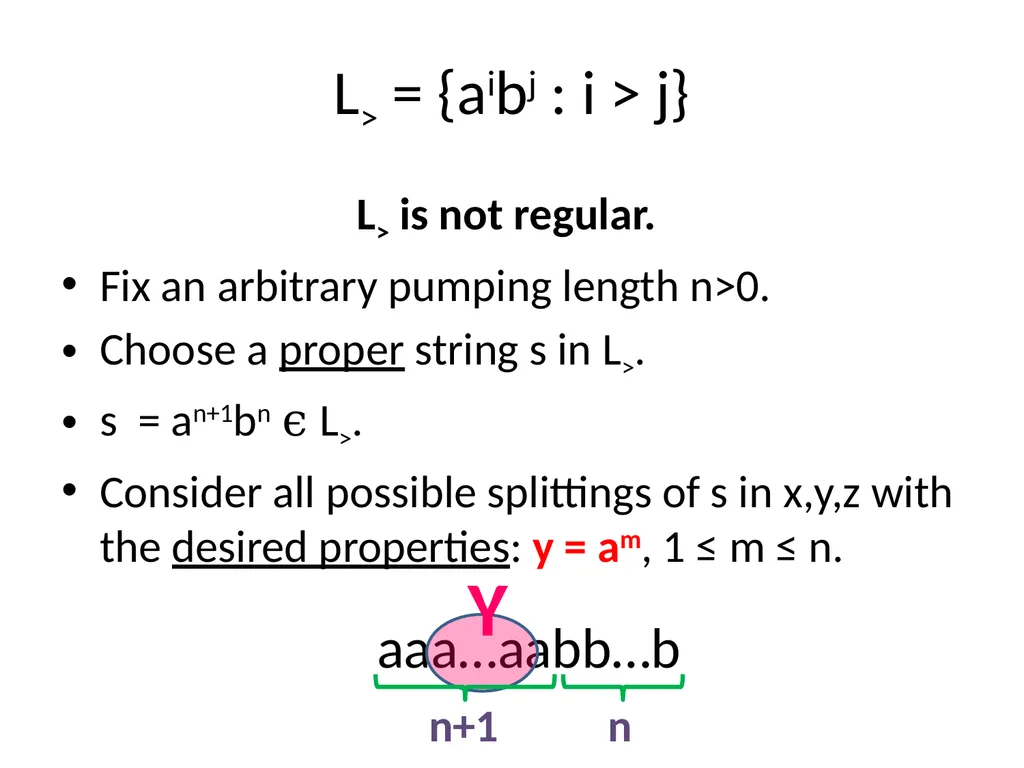 Pumping Lemma Examples L> = {aibj : i > j} - slide 11 of 67