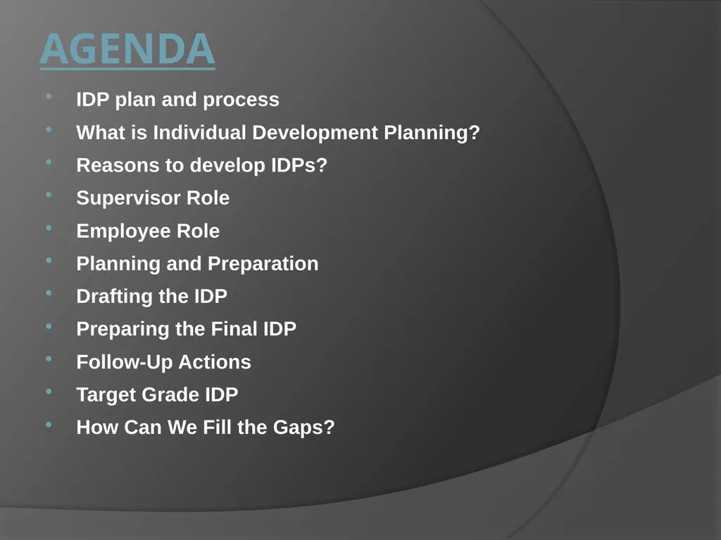 Individual Development Plan (IDP) AGENDA IDP plan - slide 2 of 29