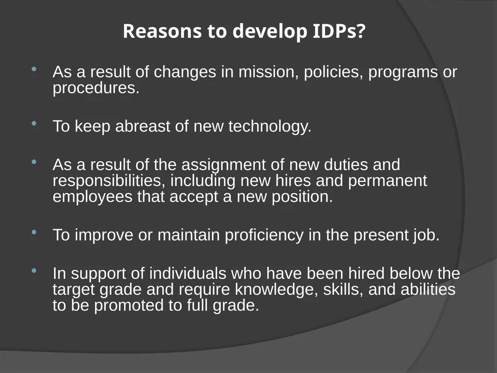 Individual Development Plan (IDP) AGENDA IDP plan - slide 5 of 29