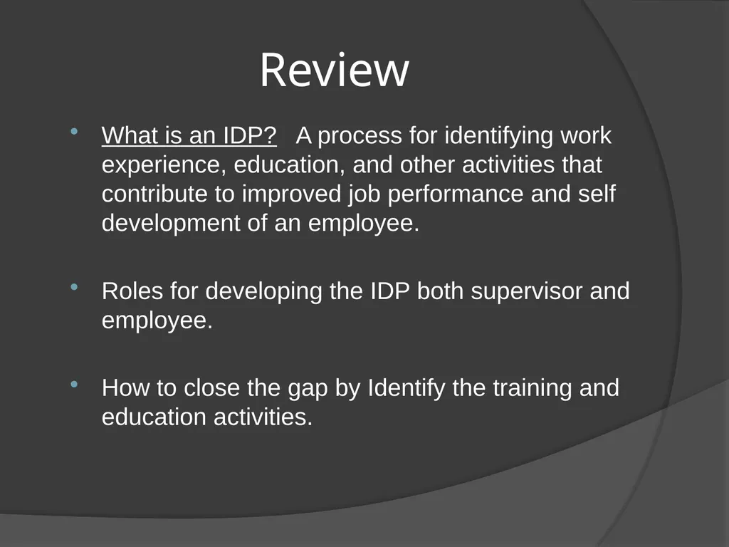 Individual Development Plan (IDP) AGENDA IDP plan - slide 28 of 29