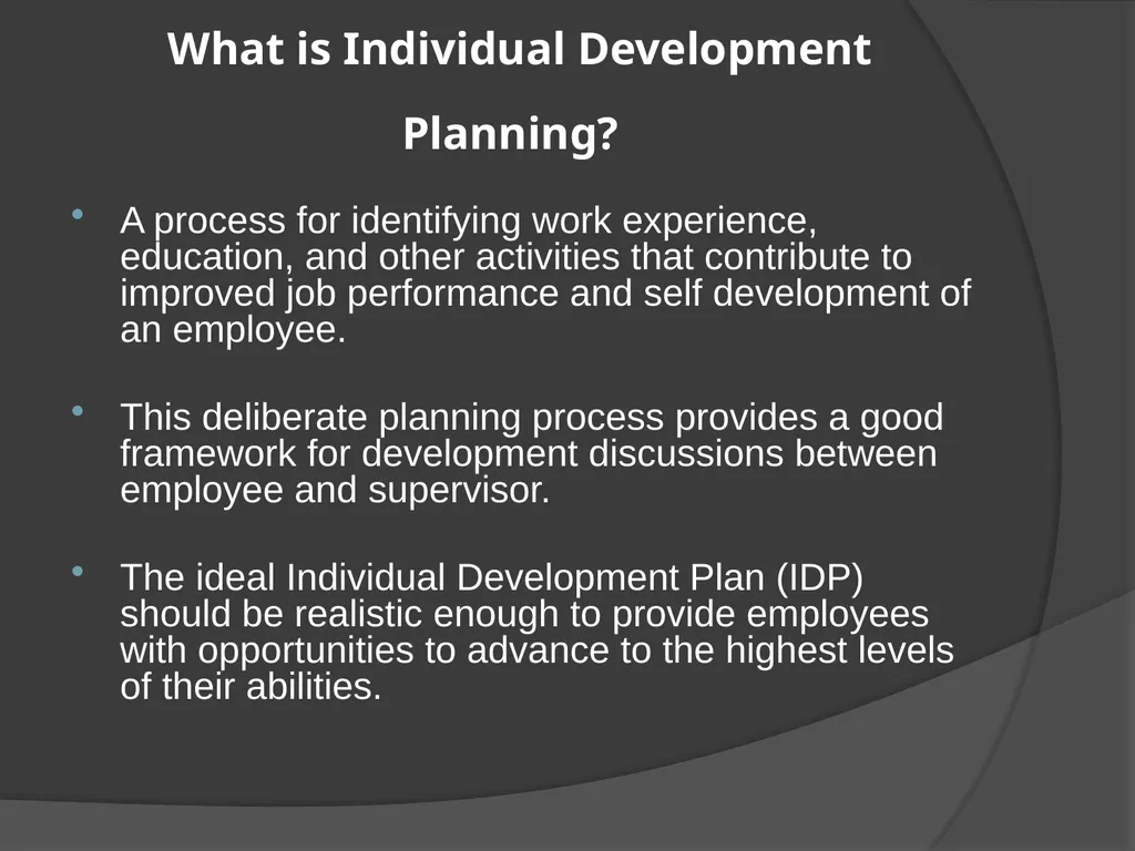 Individual Development Plan (IDP) AGENDA IDP plan - slide 4 of 29