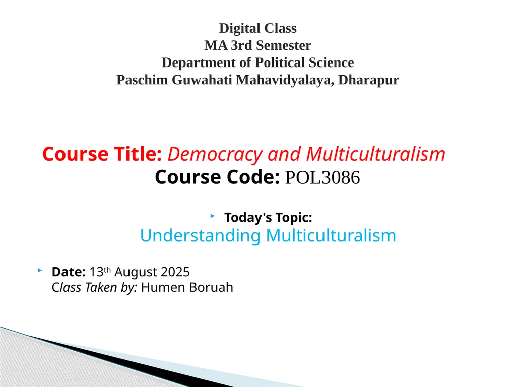 Course Title: Democracy and Multiculturalism - slide 1 of 12