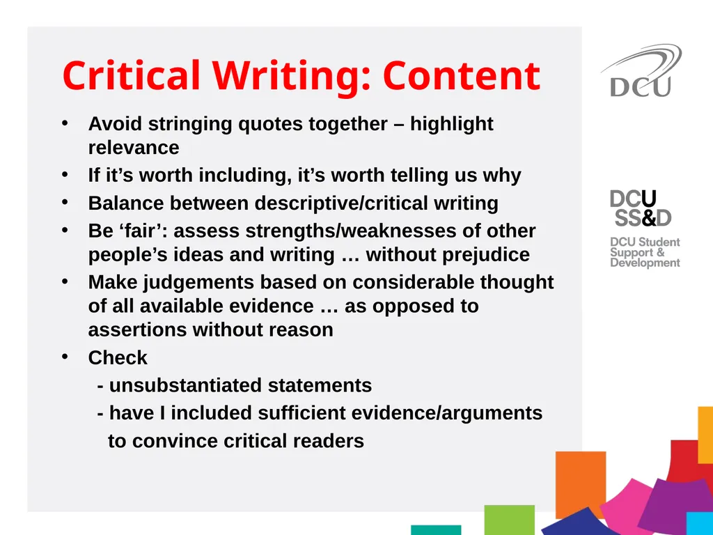 DCU Student Learning Critical Writing for MA - slide 18 of 20