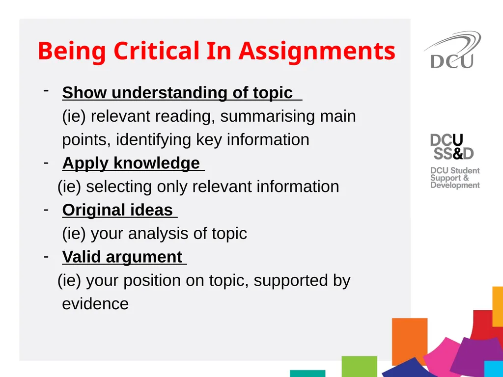 DCU Student Learning Critical Writing for MA - slide 4 of 20